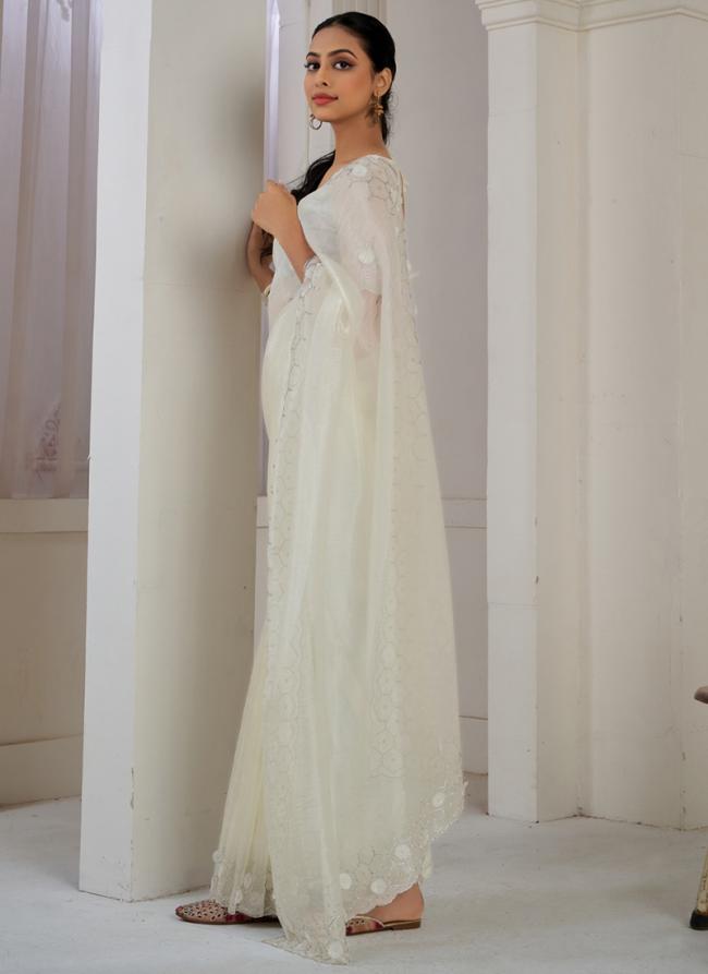 Soft Organza White Party Wear Hand Work Saree